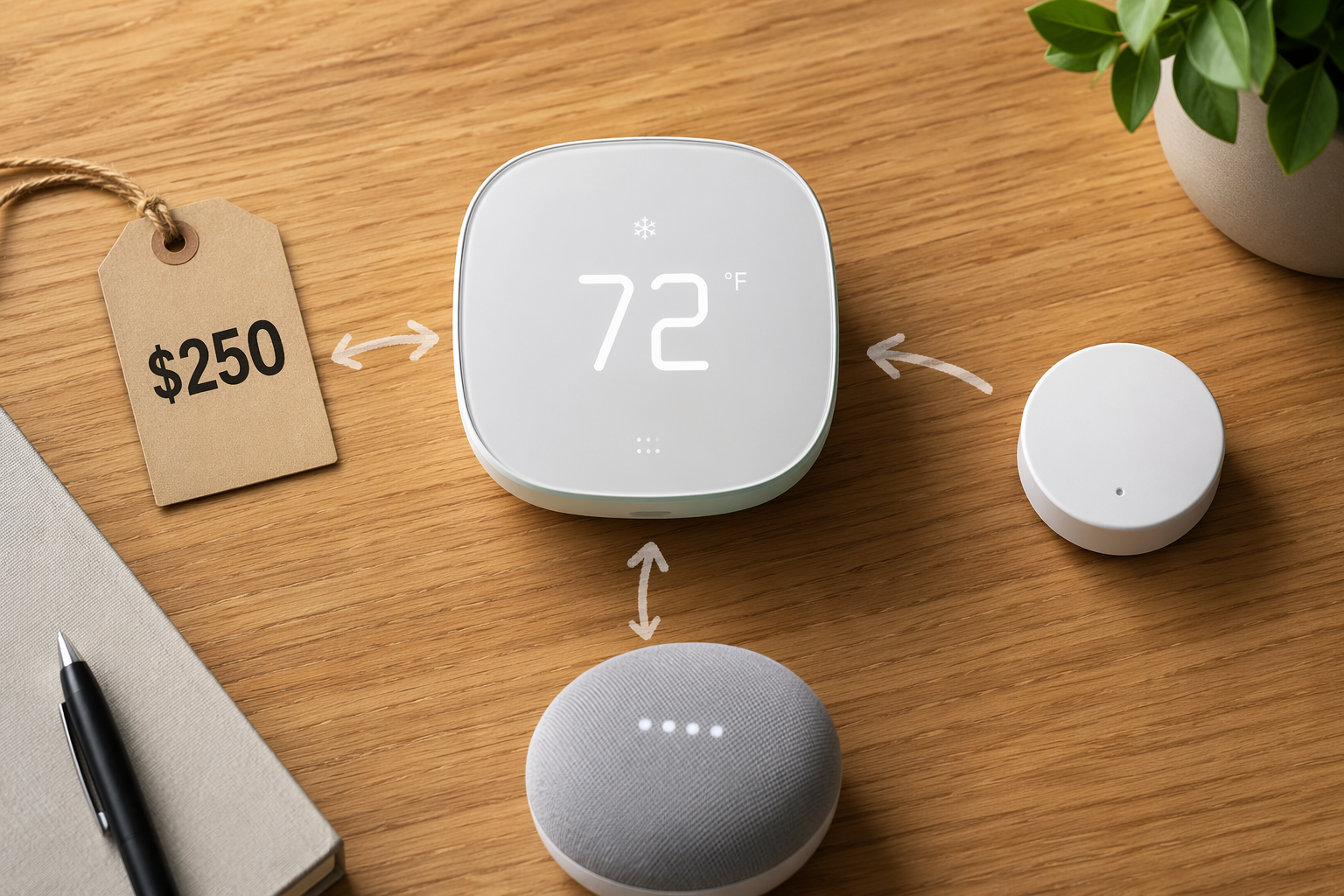 Smart thermostat with a $250 price tag, room sensor, and speaker puck arranged for feature comparison