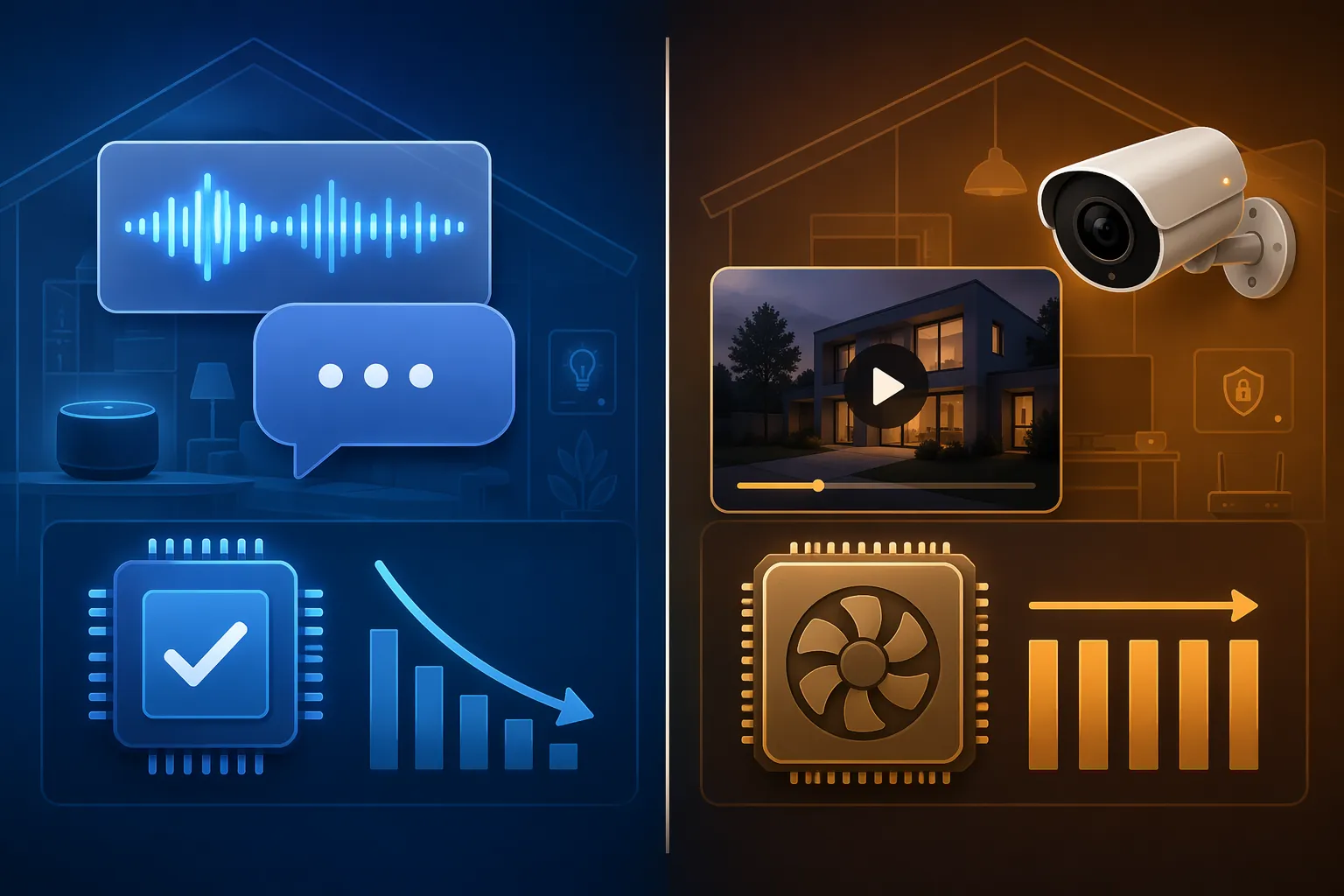 Voice and chat workloads connected to an ASIC with falling costs, contrasted with camera and video workloads connected to a GPU with flat costs