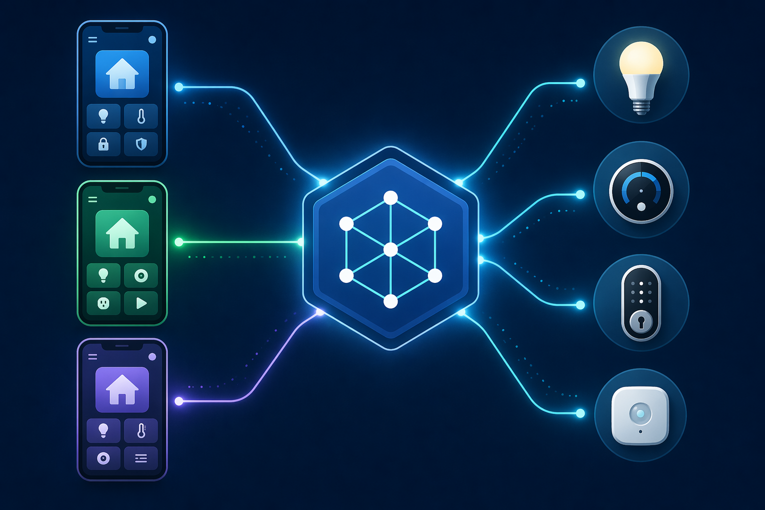Three smart home app interfaces connected to a central fabric node and multiple smart devices