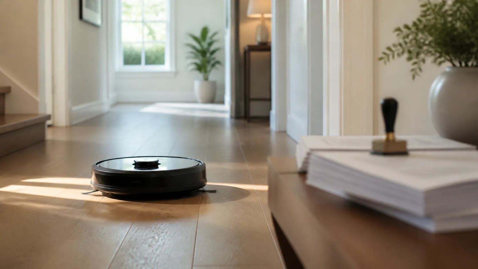 A round robot vacuum cleaning a hallway while government paperwork sits blurred in the background