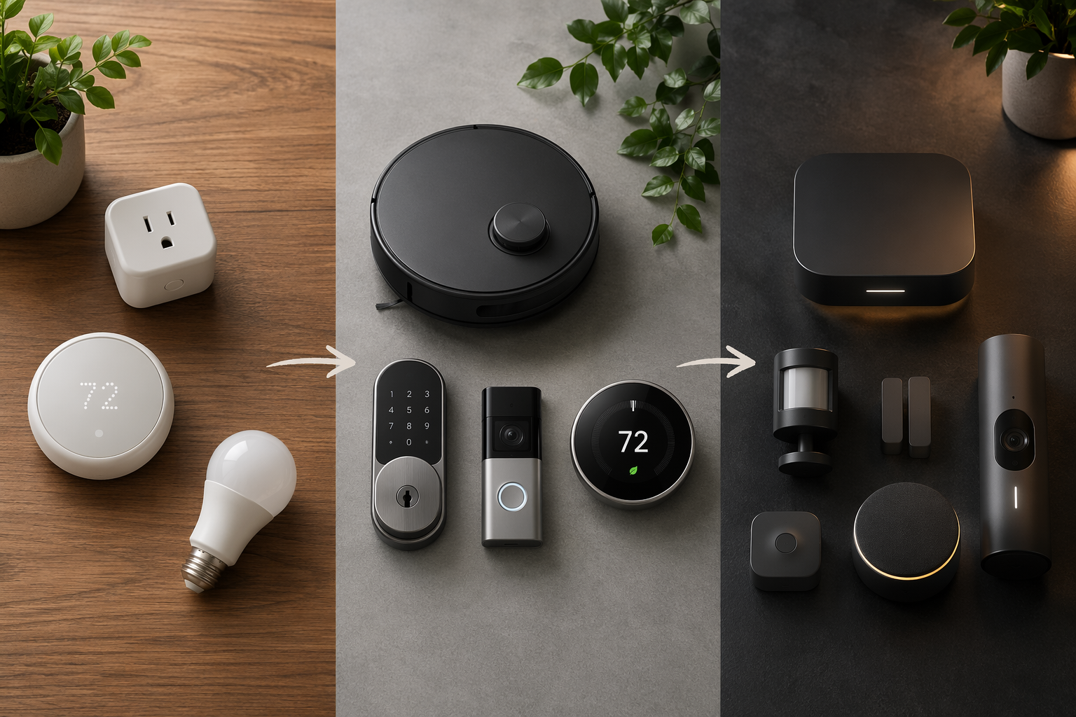 Three budget-tier smart home device groupings arranged from starter to premium with arrows connecting them