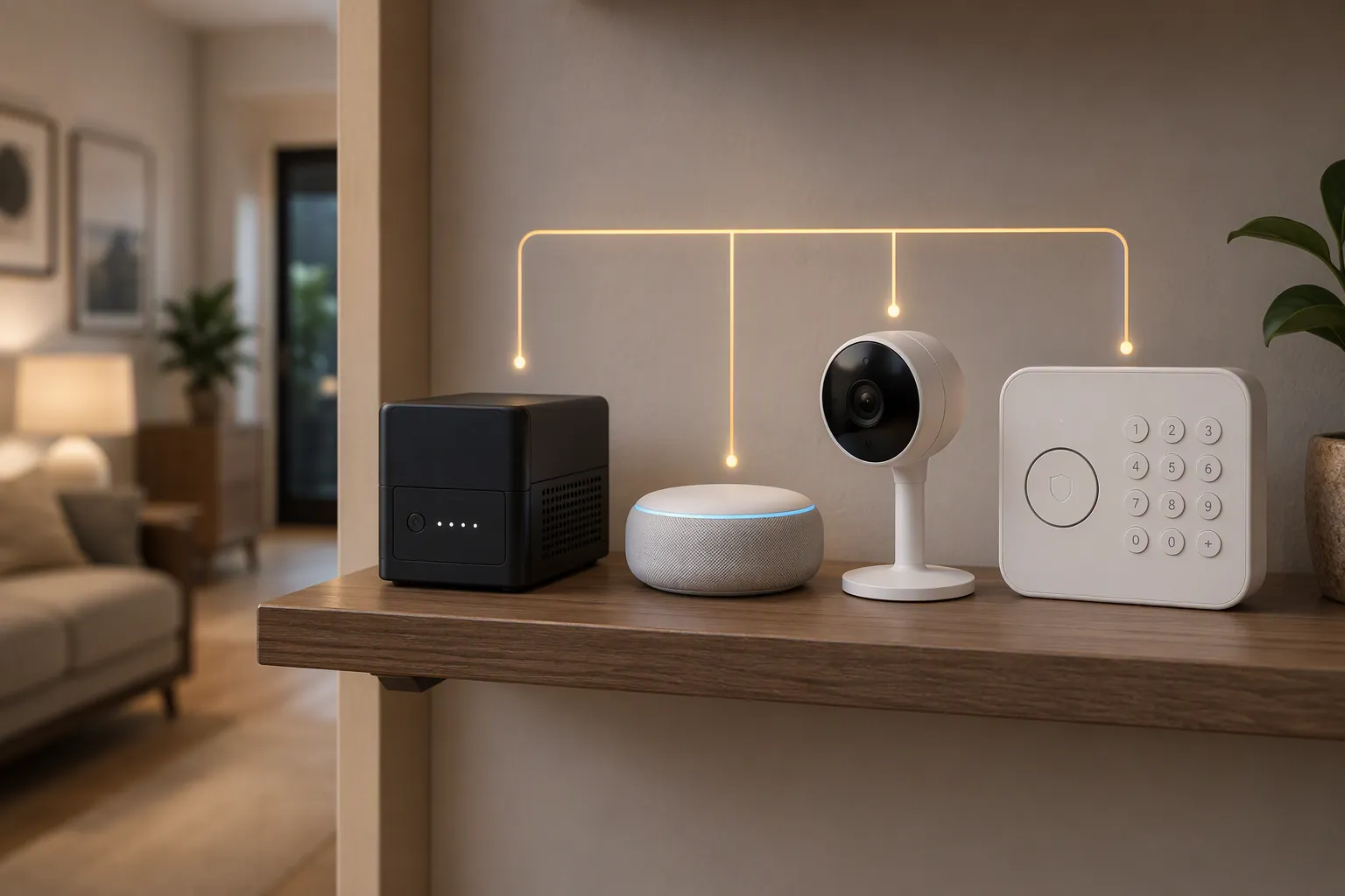 Compact mini-UPS powering a small smart home device cluster with a camera, hub, and alarm keypad