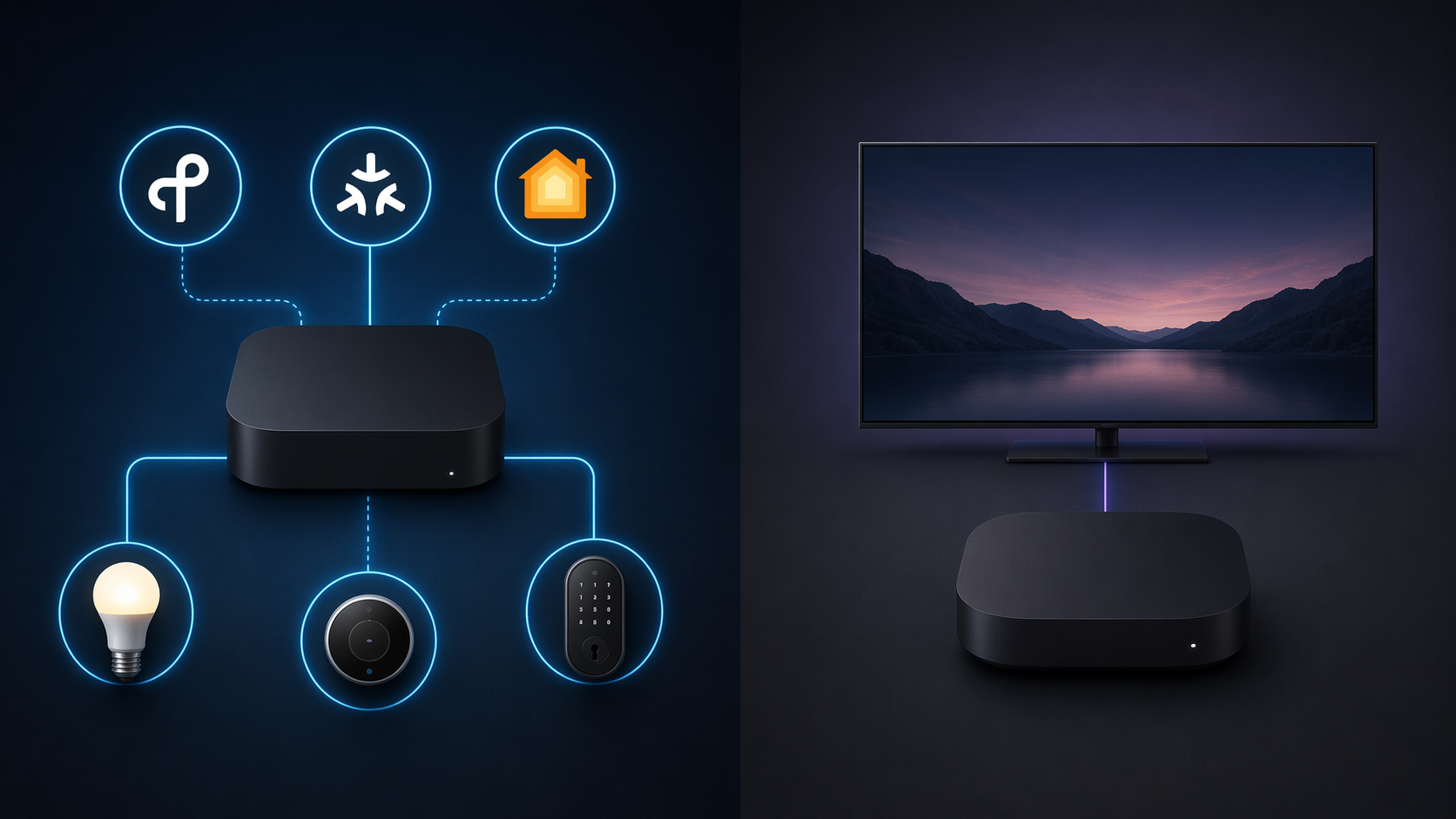 Apple TV 4K connected to Thread, Matter, and Apple Home icons beside a Roku Ultra connected only to a TV
