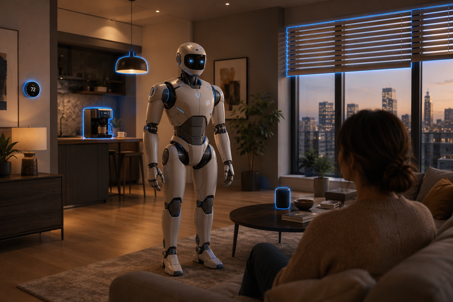 Humanoid robot standing in a modern living room with smart home devices around it