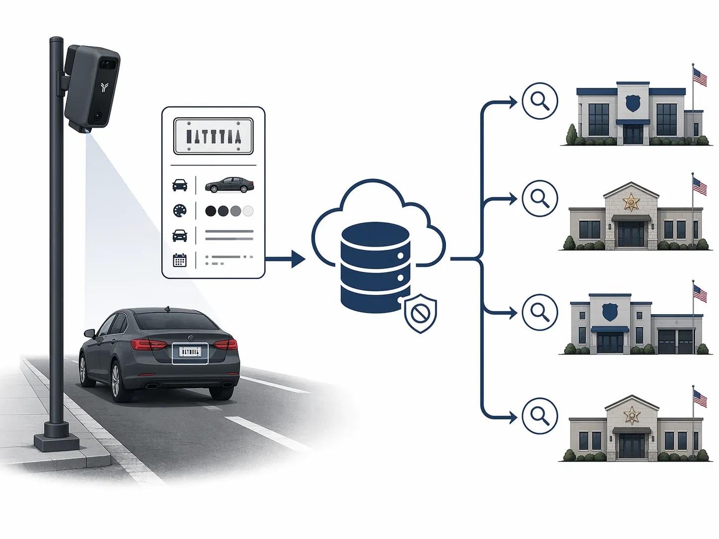Diagram showing a street camera sending license plate data to a centralized database queried by multiple law enforcement agencies