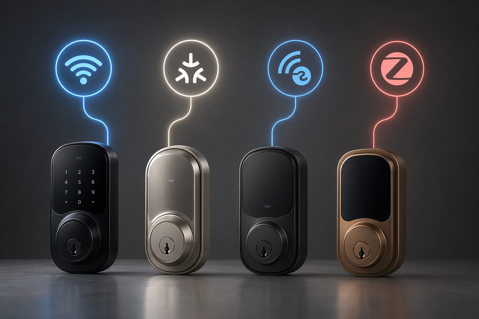 Multiple smart lock deadbolts shown with Wi-Fi, Thread Matter, Z-Wave, and Zigbee protocol icons