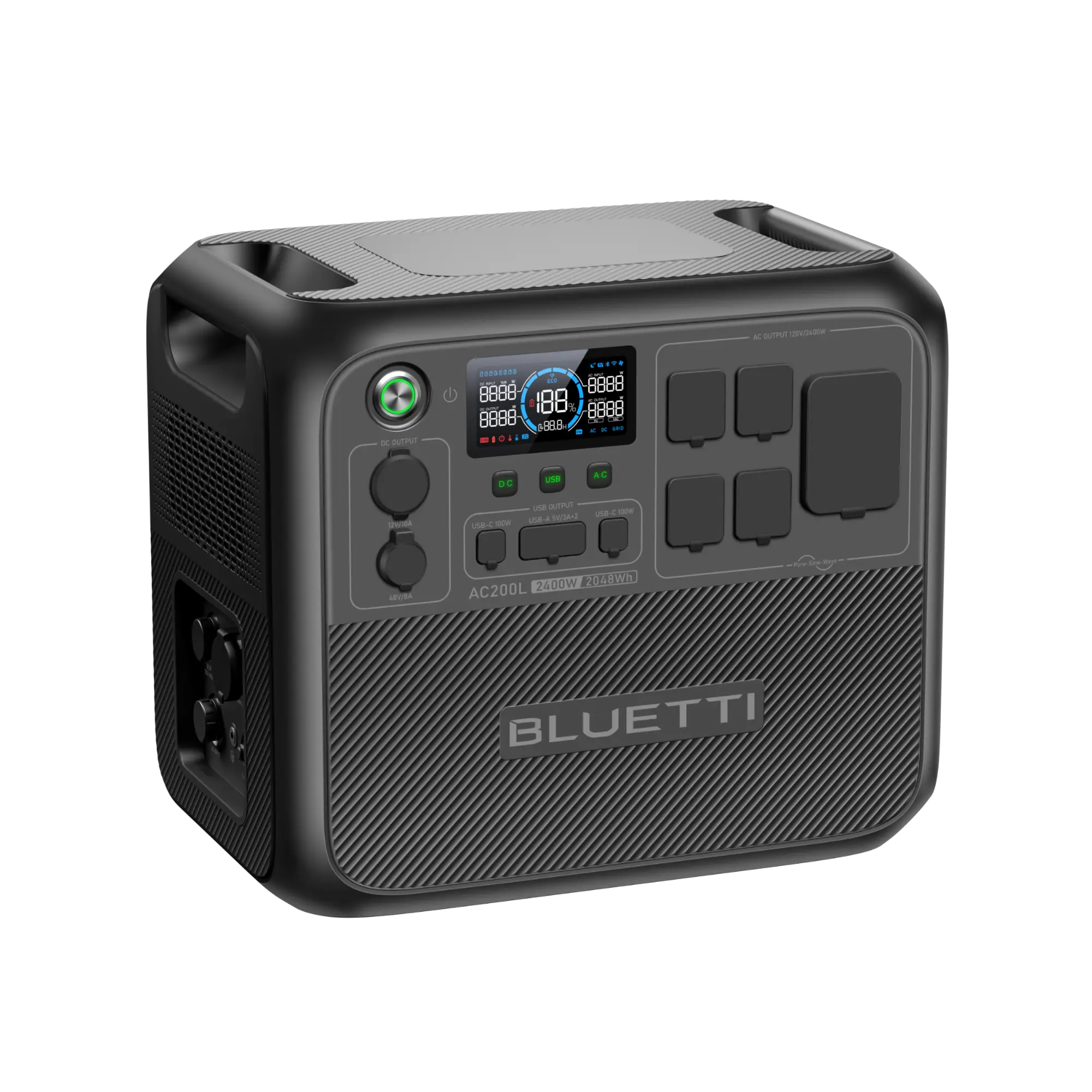 Bluetti AC200L portable power station with outlets, USB ports, and front display