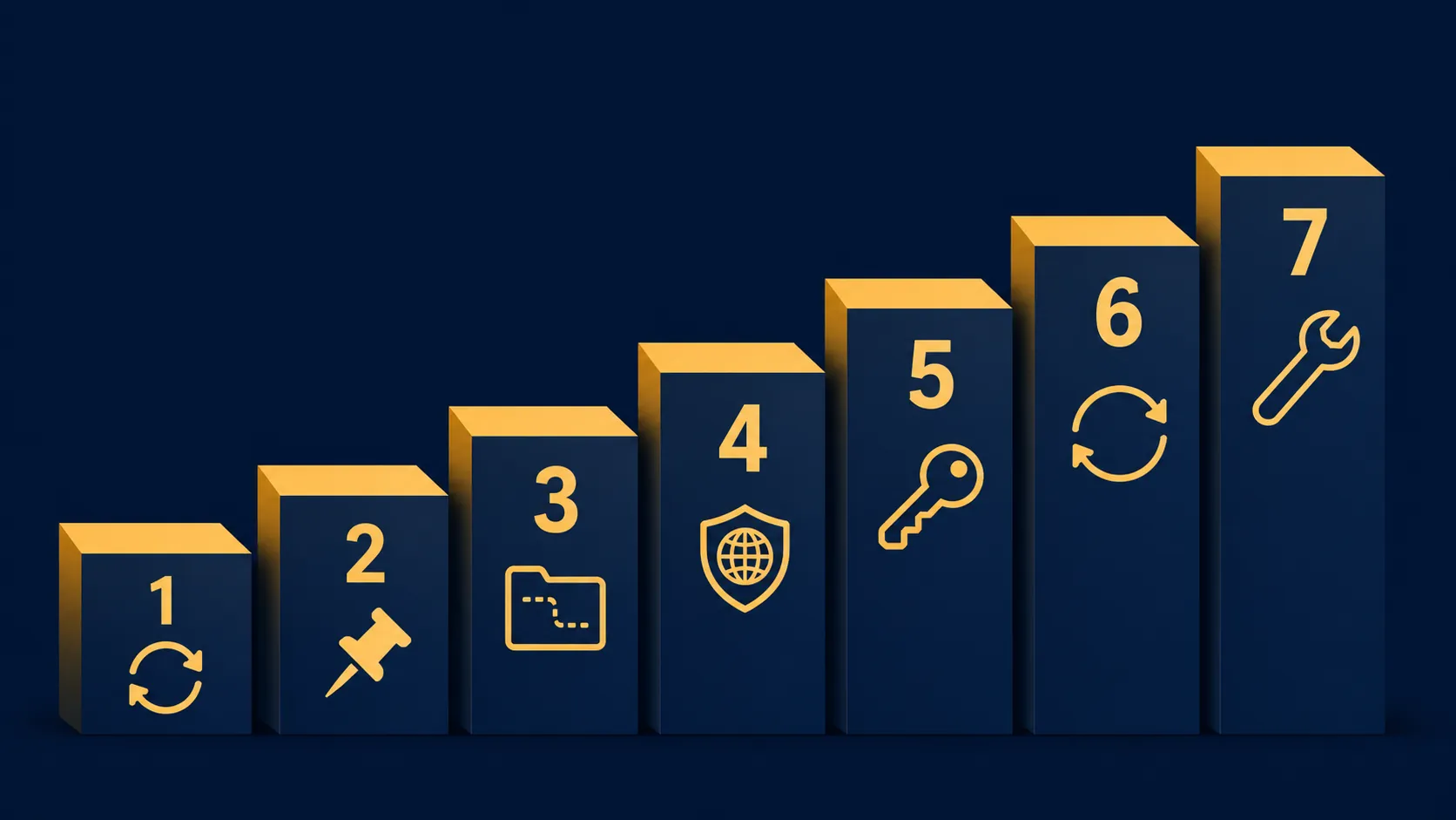 Seven-rung troubleshooting ladder with restart, package pin, path, network, key, refresh, and wrench icons