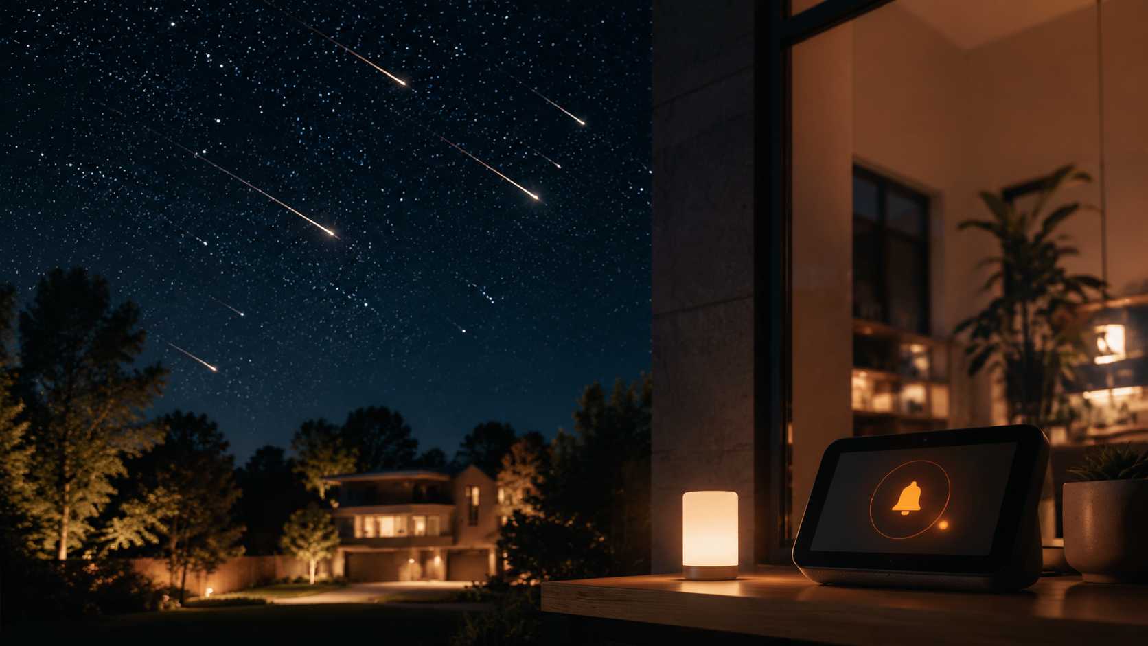 Meteor streaks over a suburban smart home with a glowing reminder notification