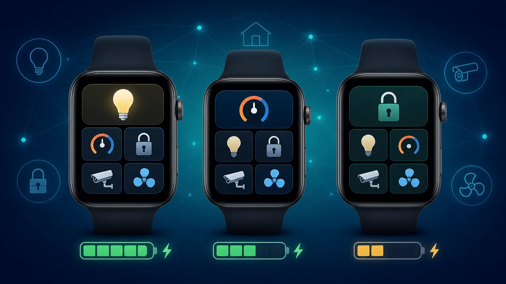 Three smartwatch smart-home screens with battery gauges showing different battery costs