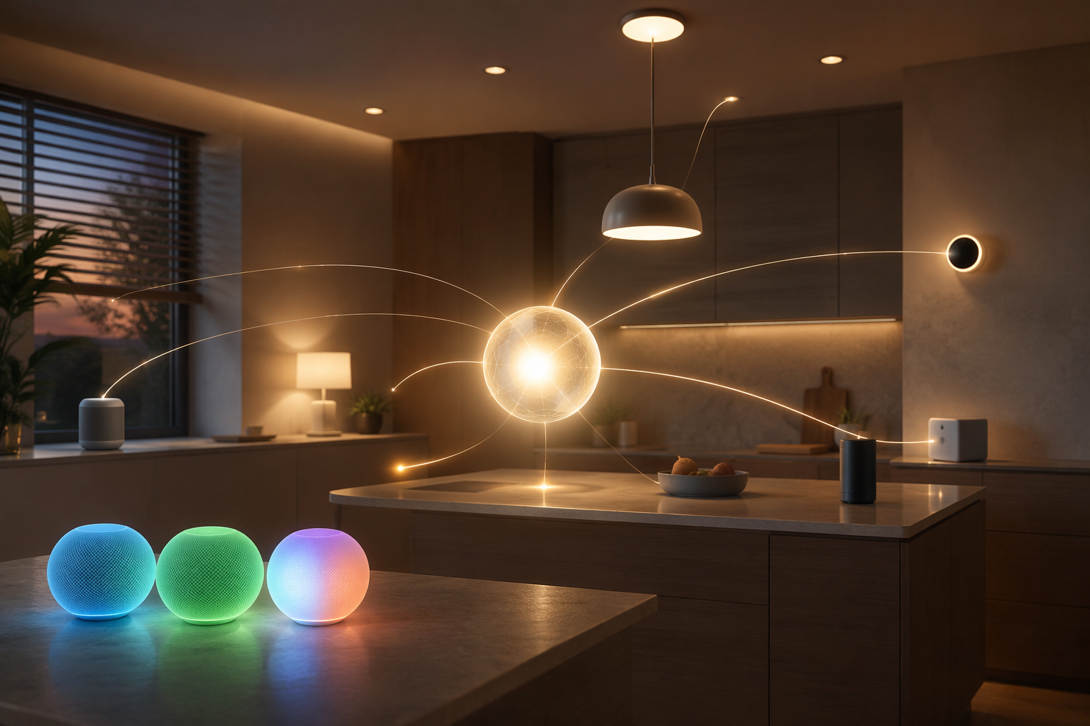 AI voice assistant orb connecting smart home devices in a kitchen