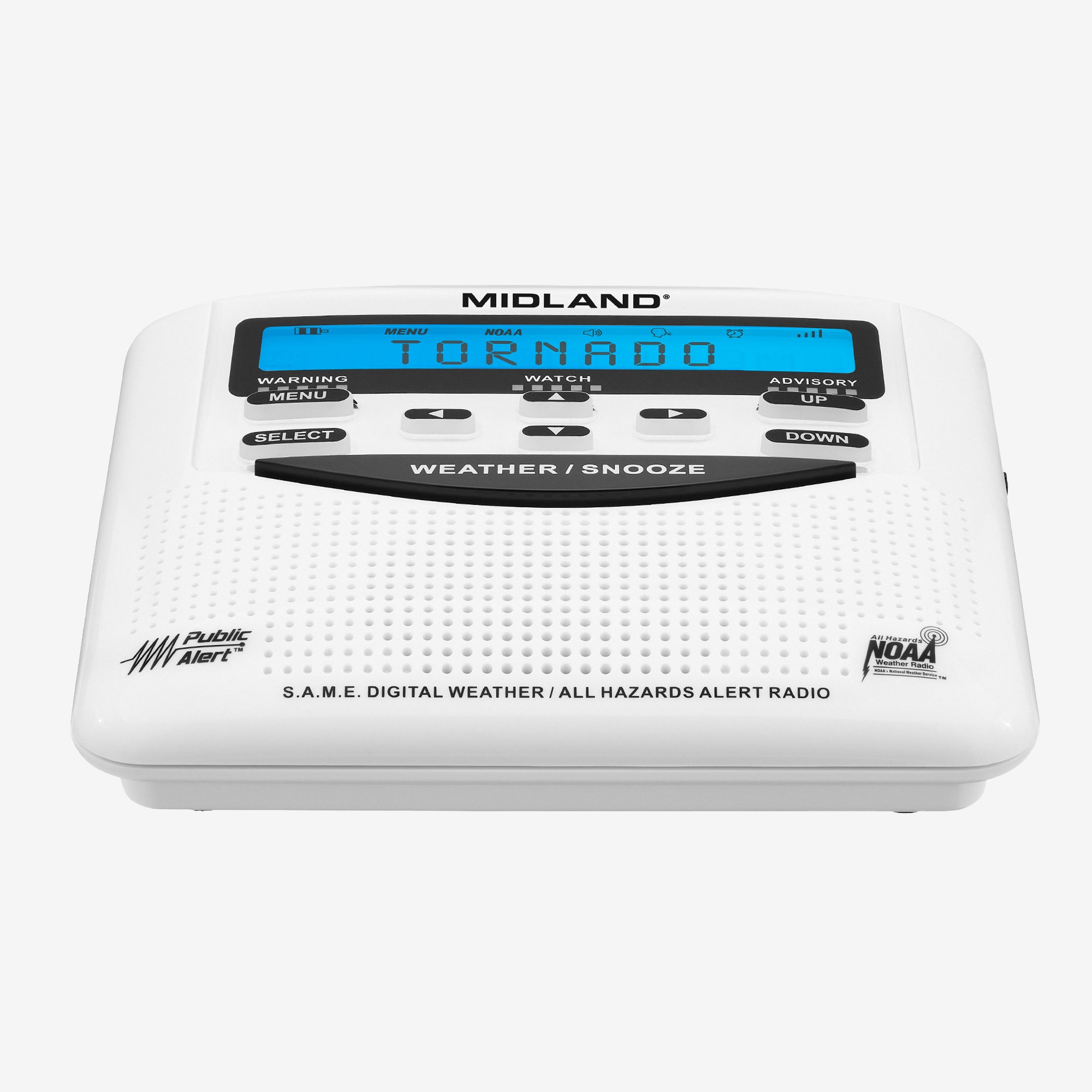 A Midland WR120B NOAA Weather Alert Radio with speaker grille, LCD display, controls, and alert lights