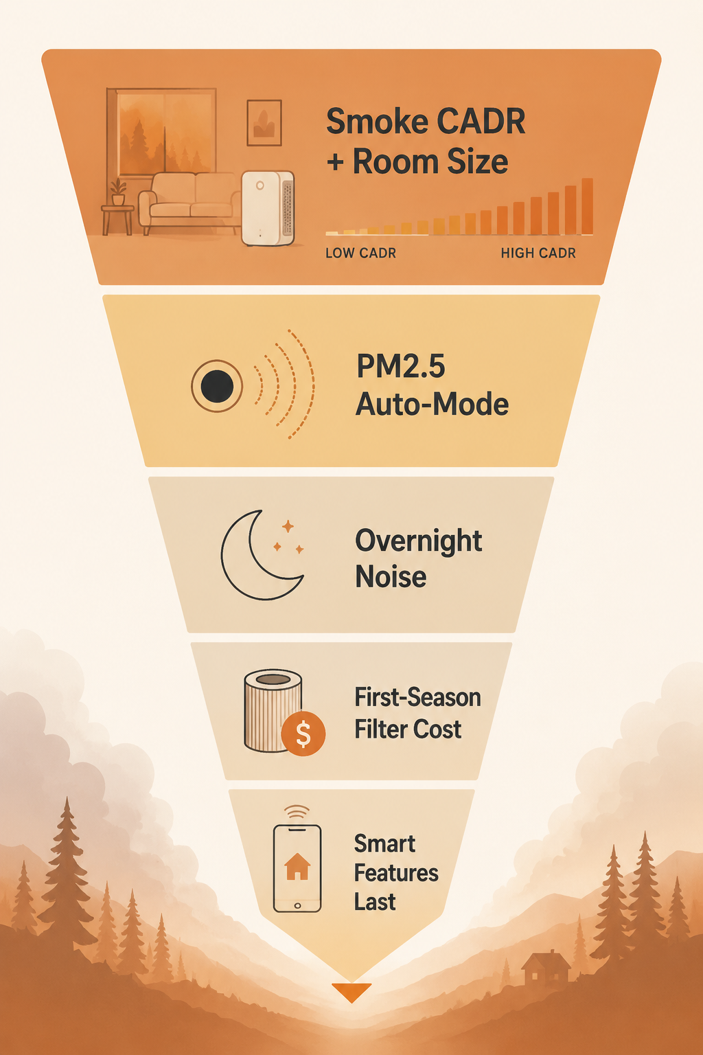 Decision funnel for choosing a smoke-ready smart air purifier by CADR, auto-mode, noise, filters, and smart features