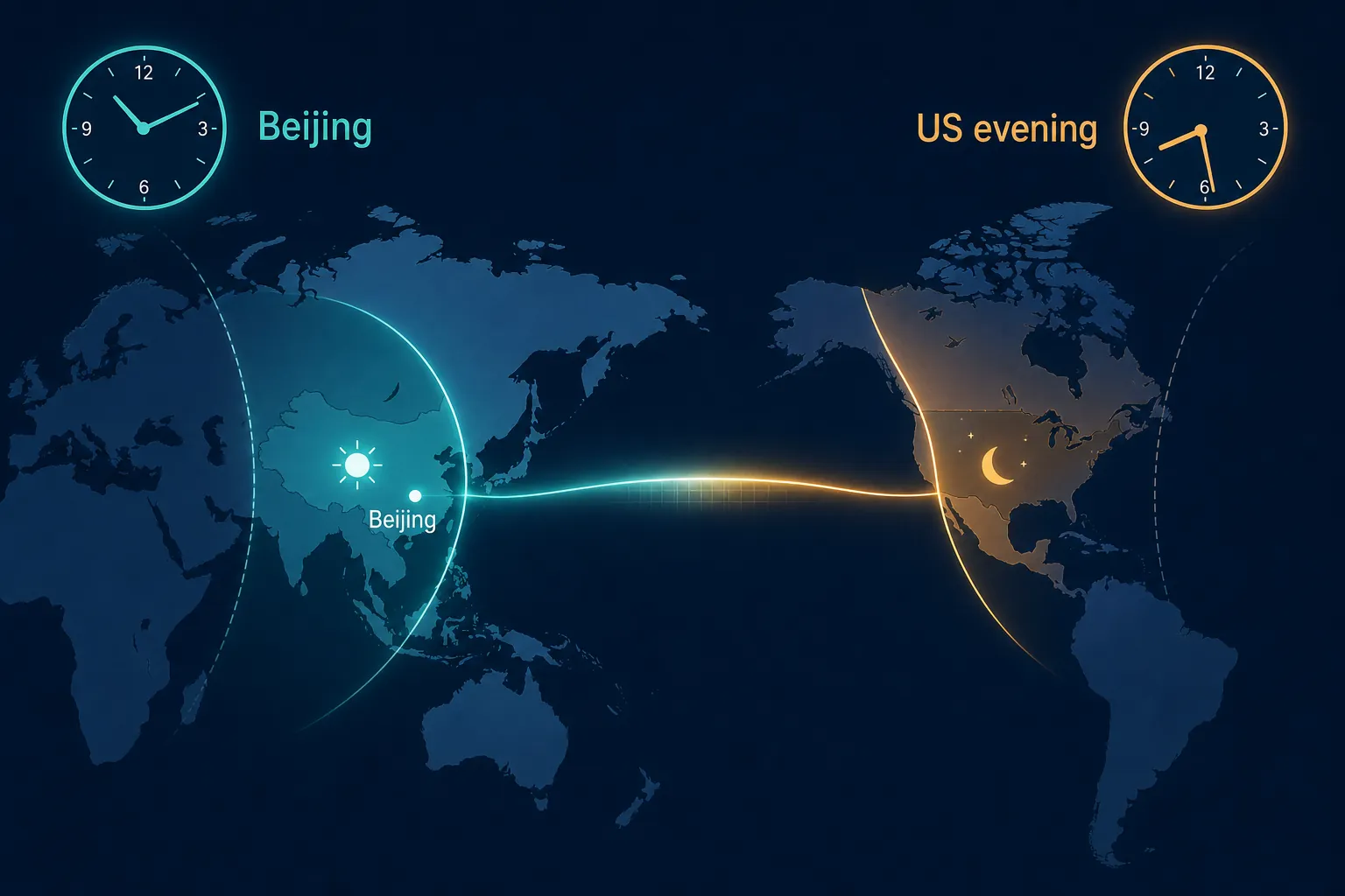 World map showing Beijing daytime windows overlapping with US evening hours