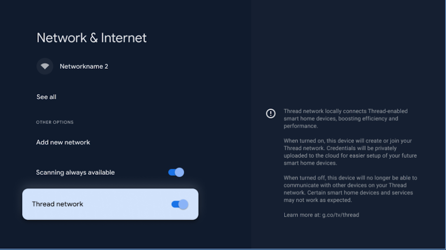 Google TV Streamer settings screen with the Thread network toggle enabled