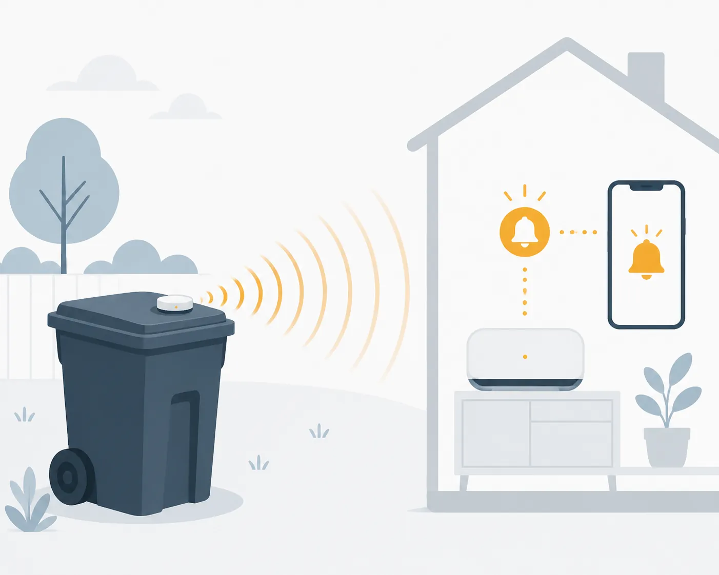 Diagram of a trash-can sensor sending presence alerts to a smart home hub and phone