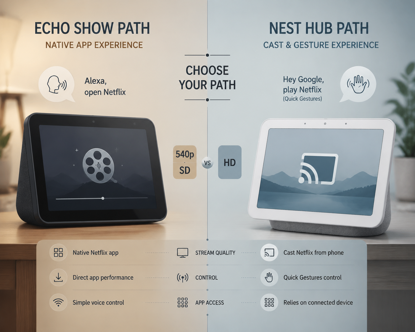 A split illustration comparing Echo Show and Nest Hub Netflix behavior