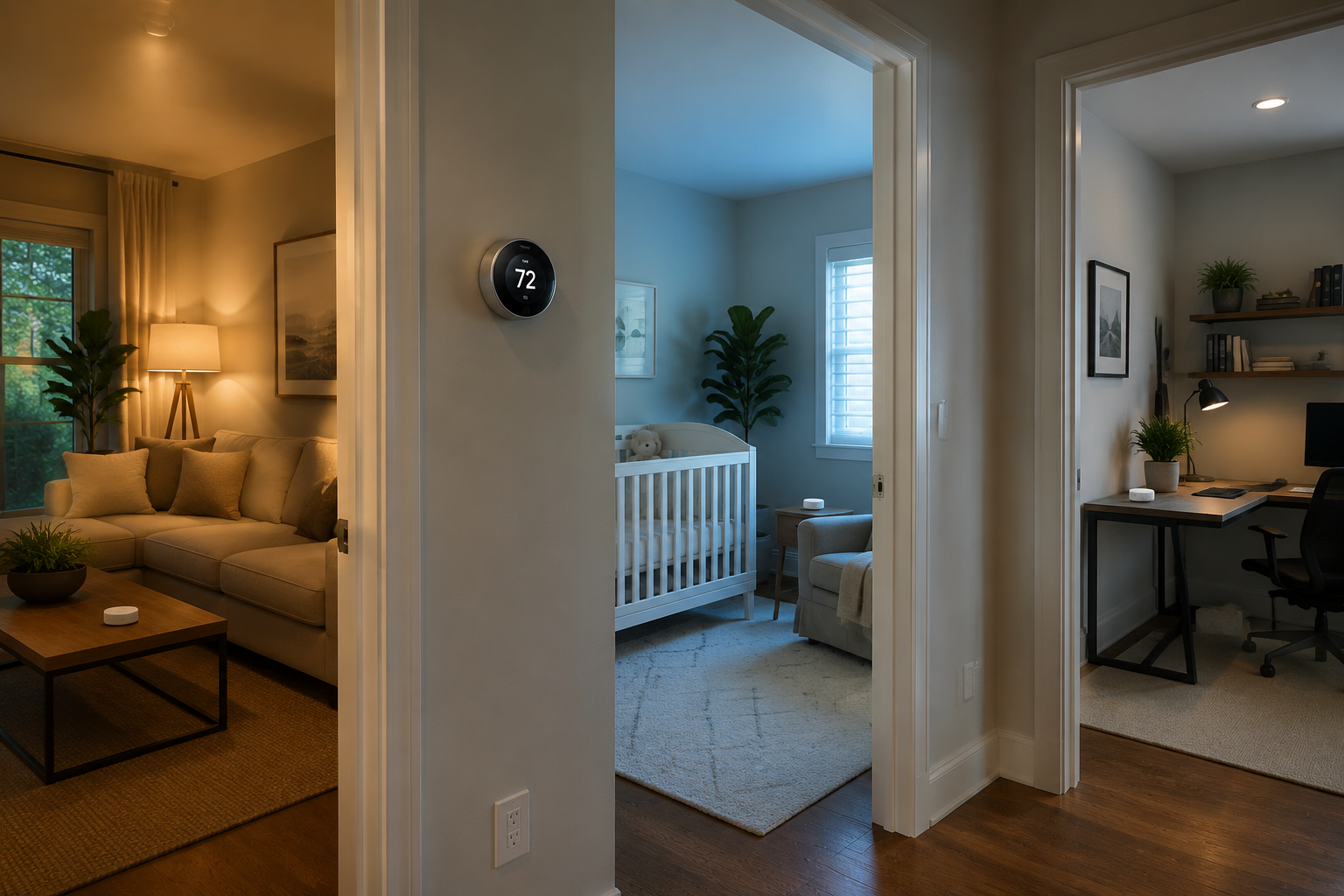 Hallway smart thermostat showing 72°F while nearby rooms have different comfort conditions and remote sensors