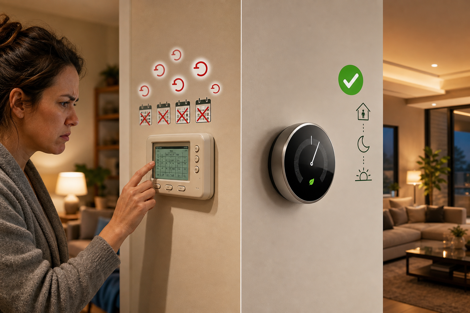 Split-screen comparison showing a person overriding a manual programmable thermostat on the left and an automated smart thermostat on the right.