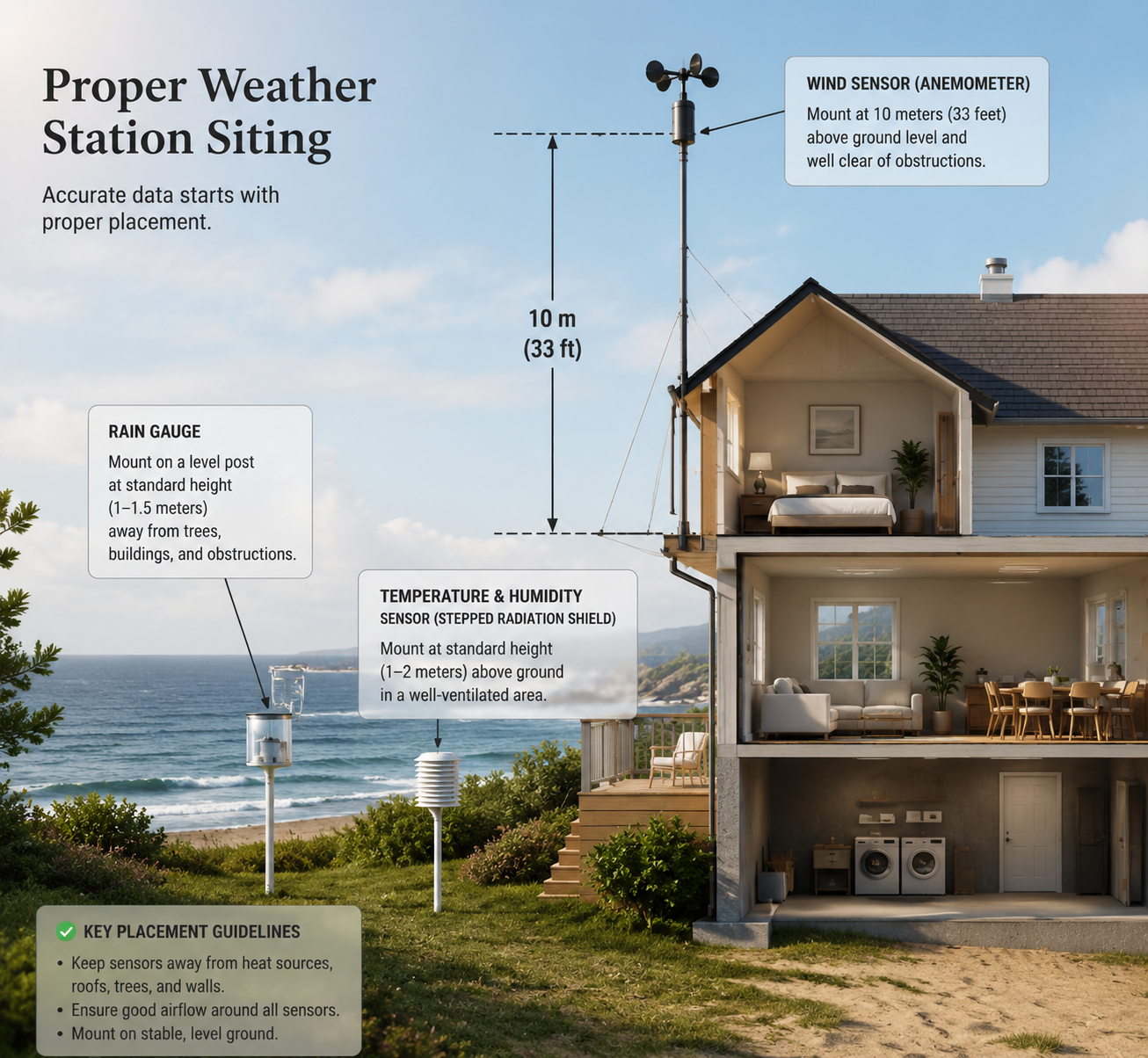 A cutaway illustration of proper coastal weather station placement with an anemometer mast clear of the roof ridge and rain and temperature sensors positioned around the home