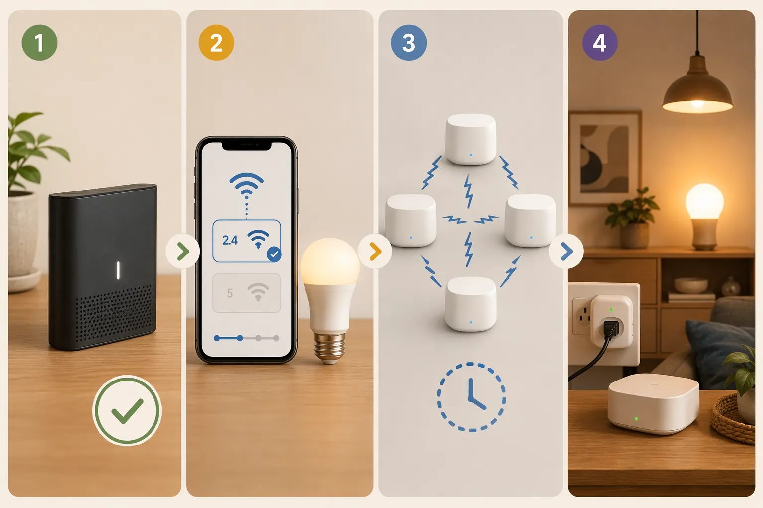An illustrated four-stage recovery flow from router status to 2.4 GHz setup, mesh rebuild, and restored smart home devices