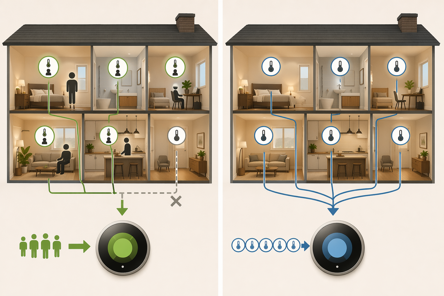 Comparison illustration showing occupancy-aware remote sensors sending occupied-room data and temperature-only sensors sending room readings without occupancy context
