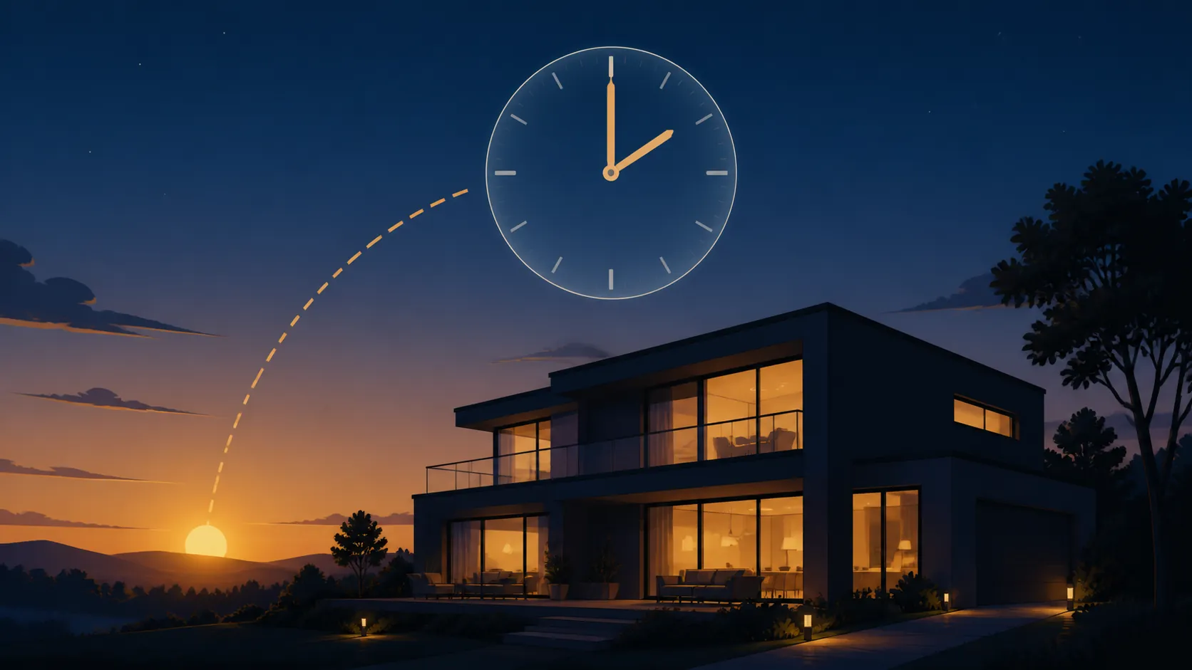Modern smart home at dusk with a clock face drifting away from the sun