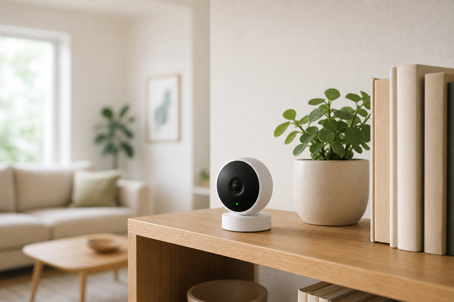 White puck-shaped Nest Cam Indoor Wired on a wooden shelf with books and a small plant in a bright living room