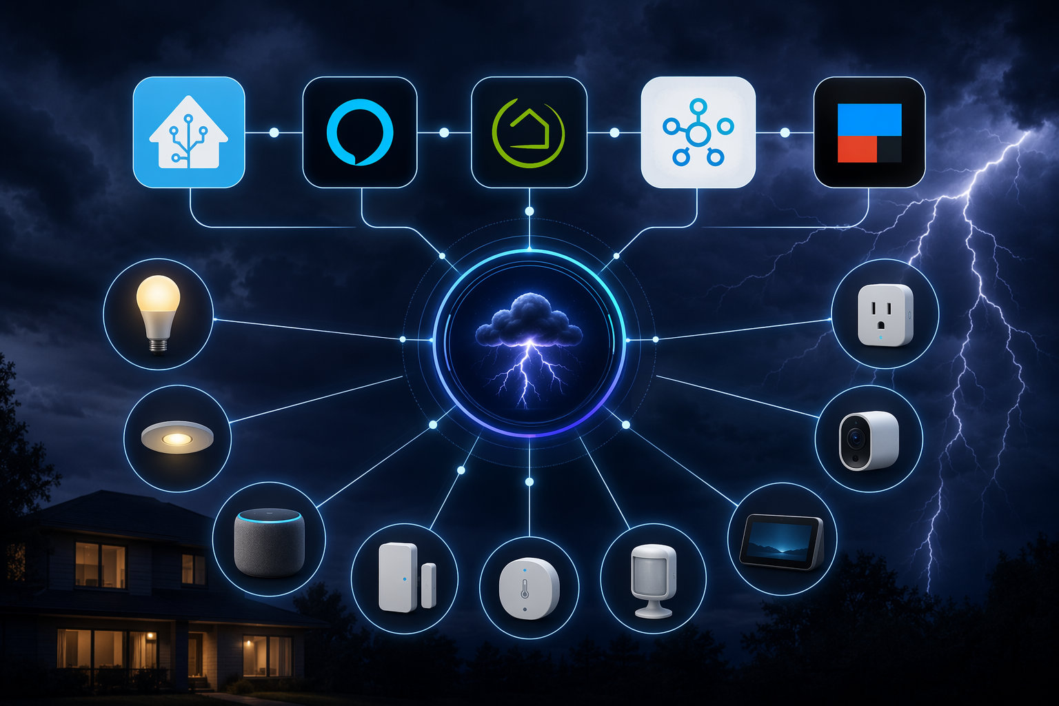 Multiple smart home platforms connected to a central thunderstorm alert dashboard with lights, speakers, and sensors