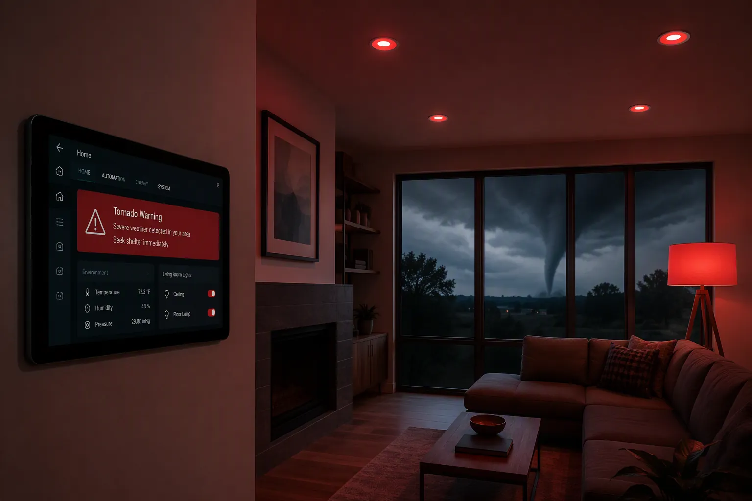 Living room with red smart lights and a Home Assistant tornado warning dashboard during a storm