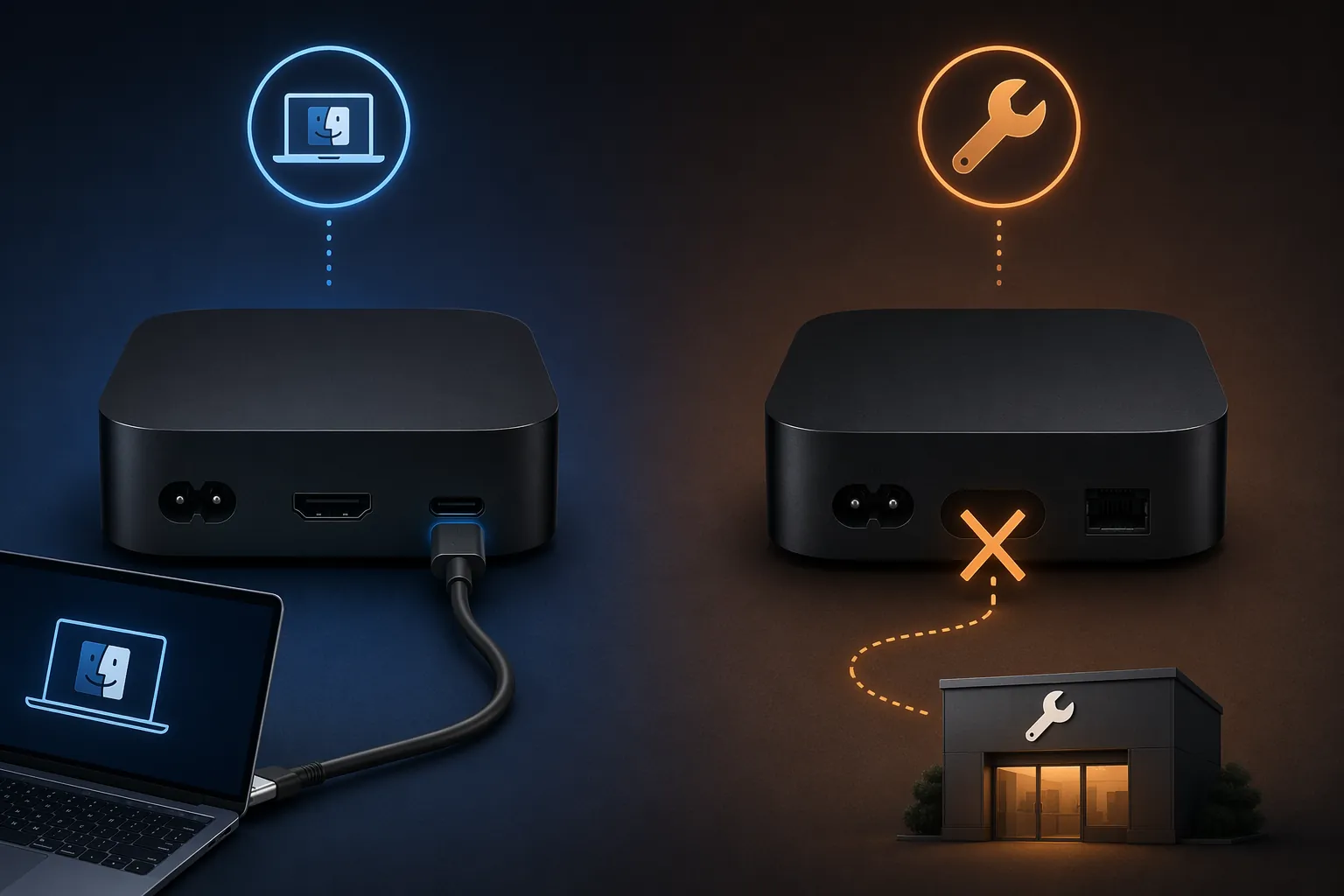 Comparison of Apple TV home recovery with USB-C and Apple TV service-only recovery