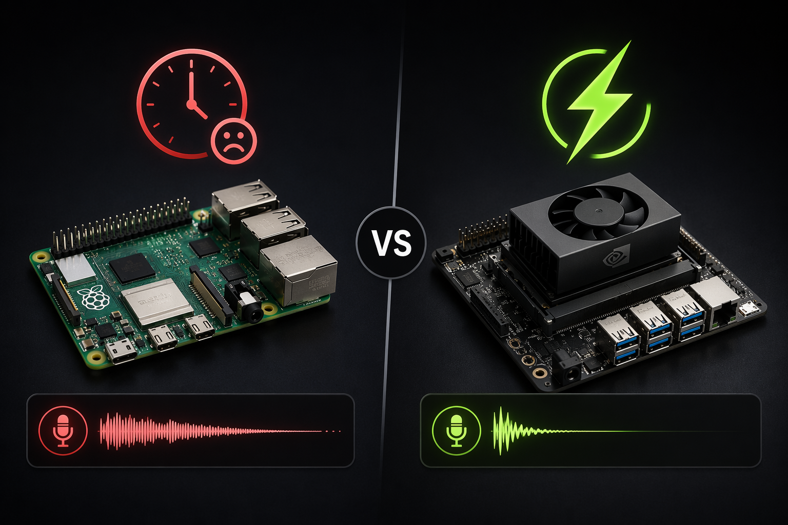 Raspberry Pi 5 and Jetson Orin Nano comparison with slow and fast voice waveforms
