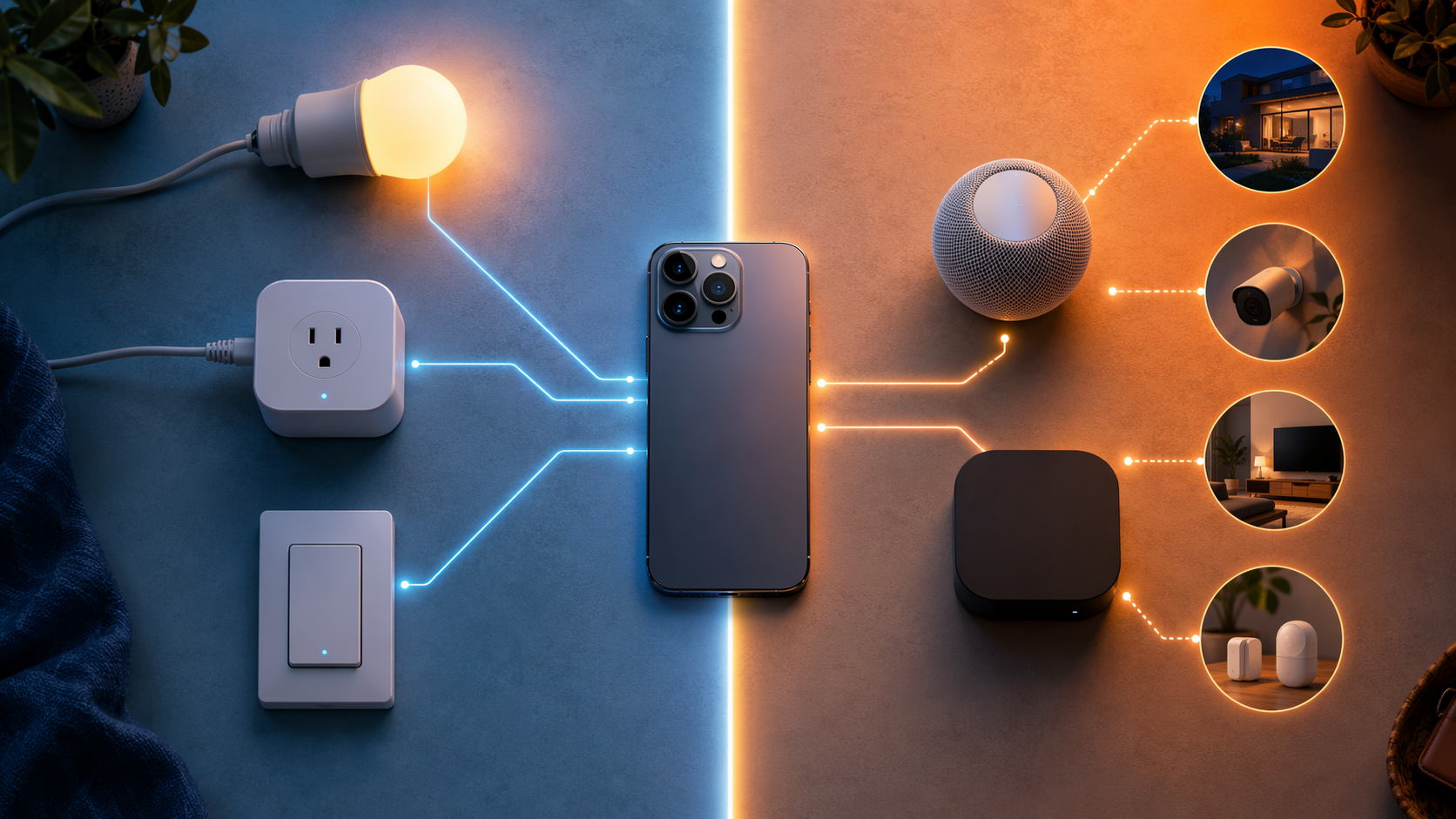 An iPhone at the center of a dark split scene, with direct smart home devices on one side and hub-dependent devices on the other