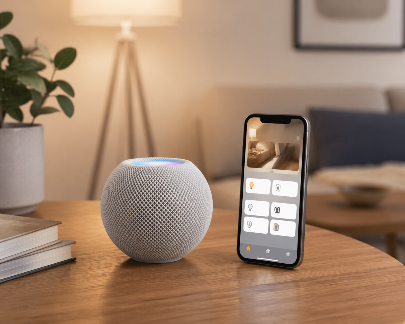 HomePod mini beside an iPhone displaying the Apple Home app