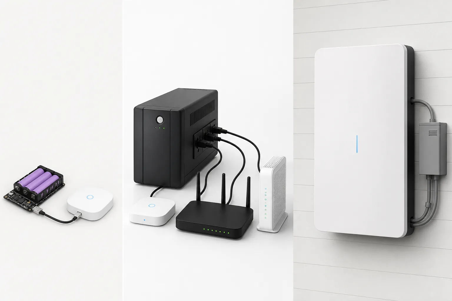 Three smart home battery backup tiers from a small hub battery to a desktop UPS and whole-home battery