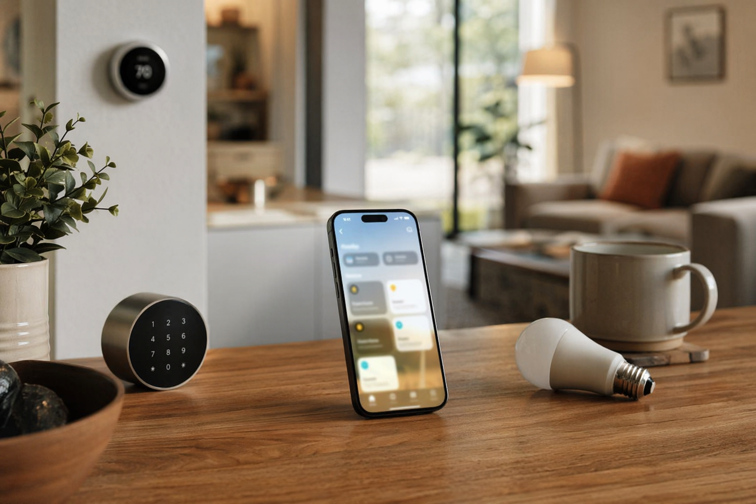 An iPhone showing the Apple Home app on a kitchen counter with smart home devices nearby