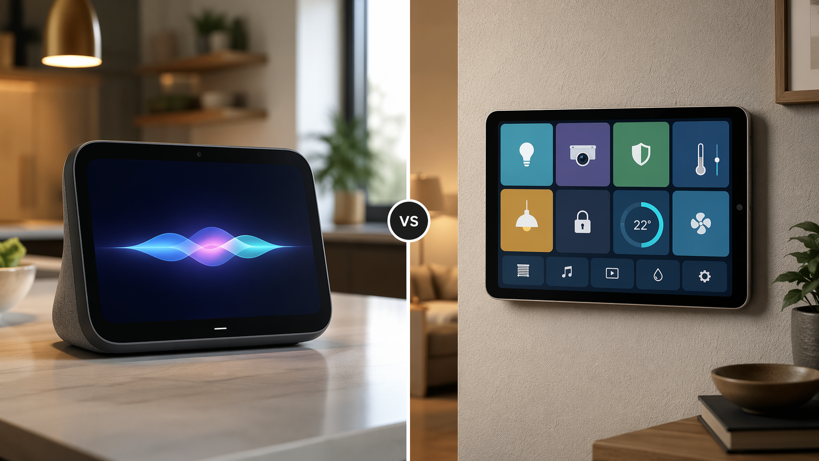 A smart display on a kitchen counter beside an older wall-mounted tablet used as a smart home dashboard