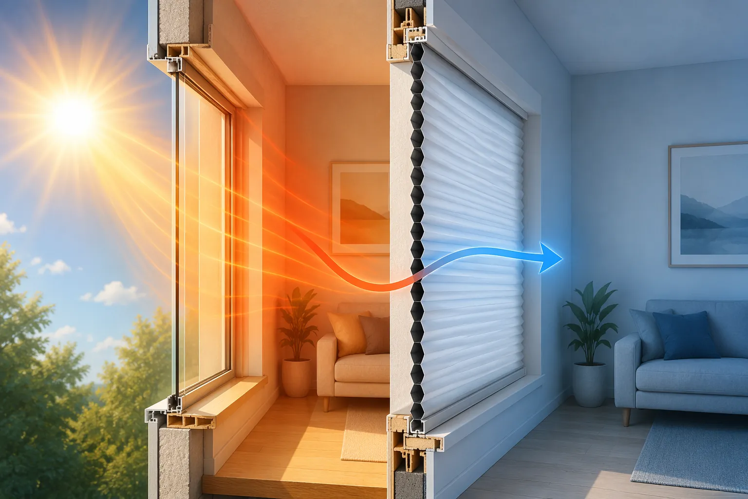 Window comparison showing uncovered glass admitting solar heat and honeycomb cellular blinds blocking heat gain