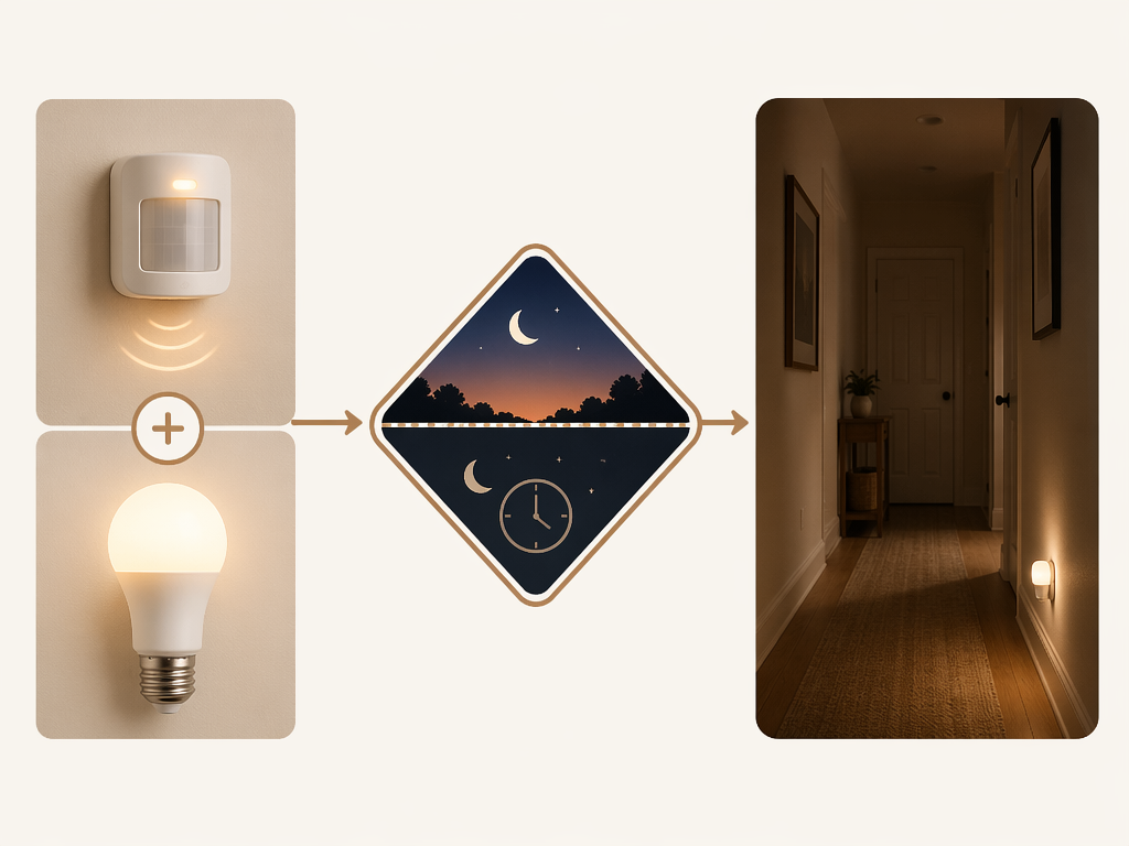 Motion sensor trigger flowing through a time-of-day condition to a dim hallway nightlight action