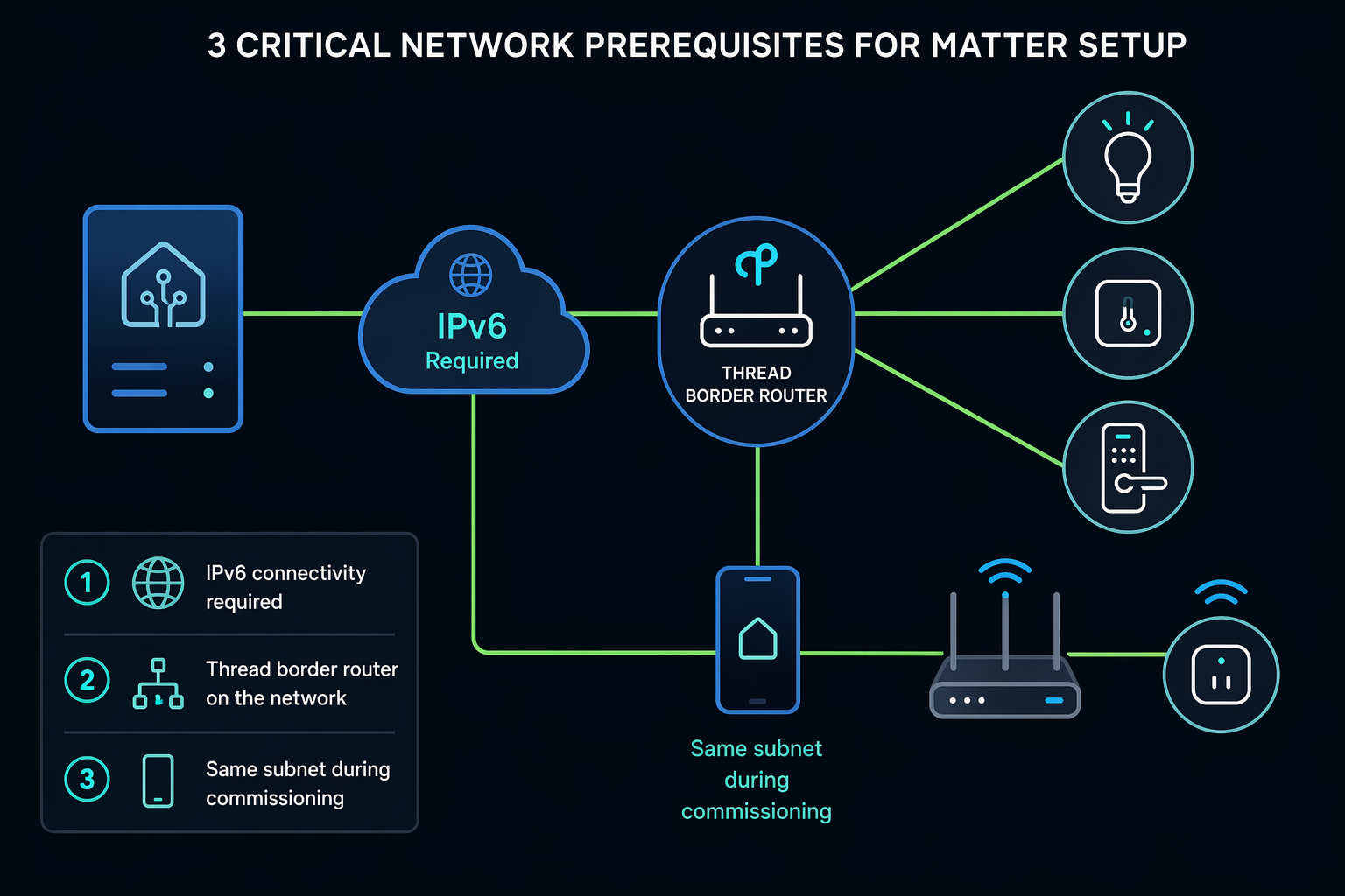 Network diagram showing Home Assistant, IPv6, a Thread border router, same-subnet phone commissioning, Wi-Fi Matter devices, and Thread Matter devices