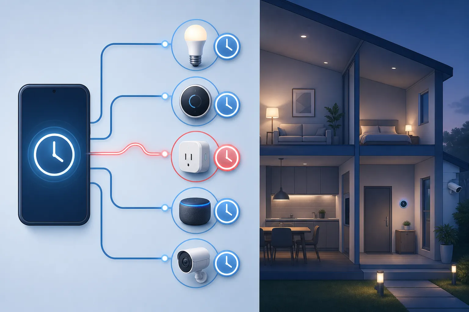 Smart home ecosystem diagram showing one device pathway out of sync with the central hub
