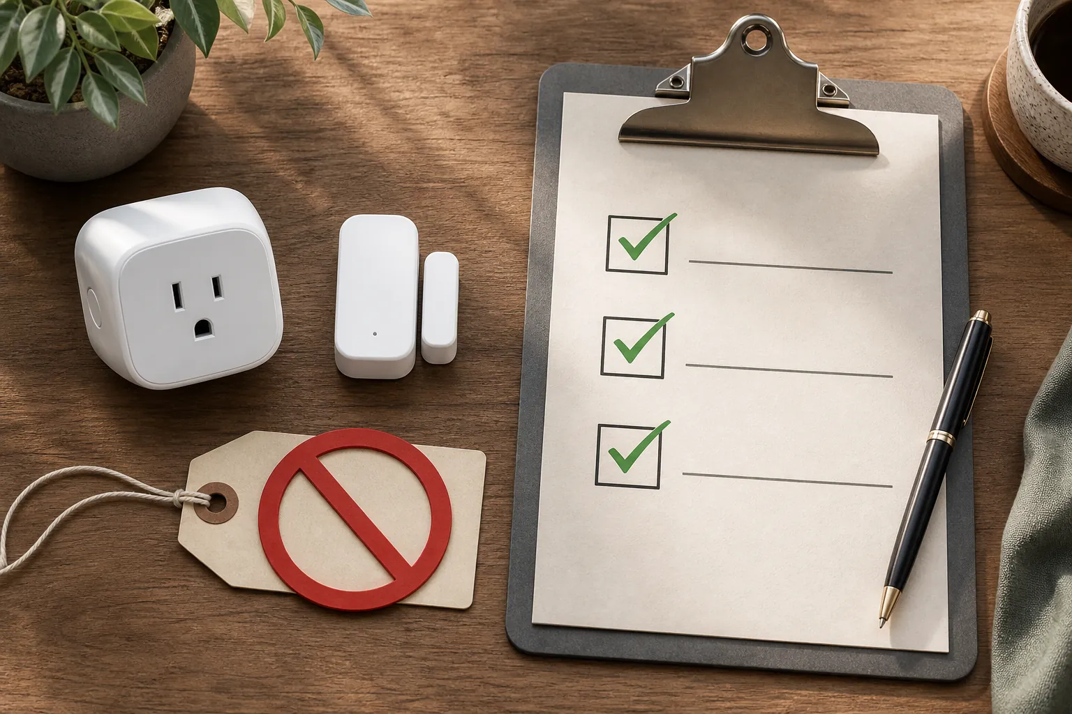 Smart plug and contact sensor beside a compatibility checklist and price tag