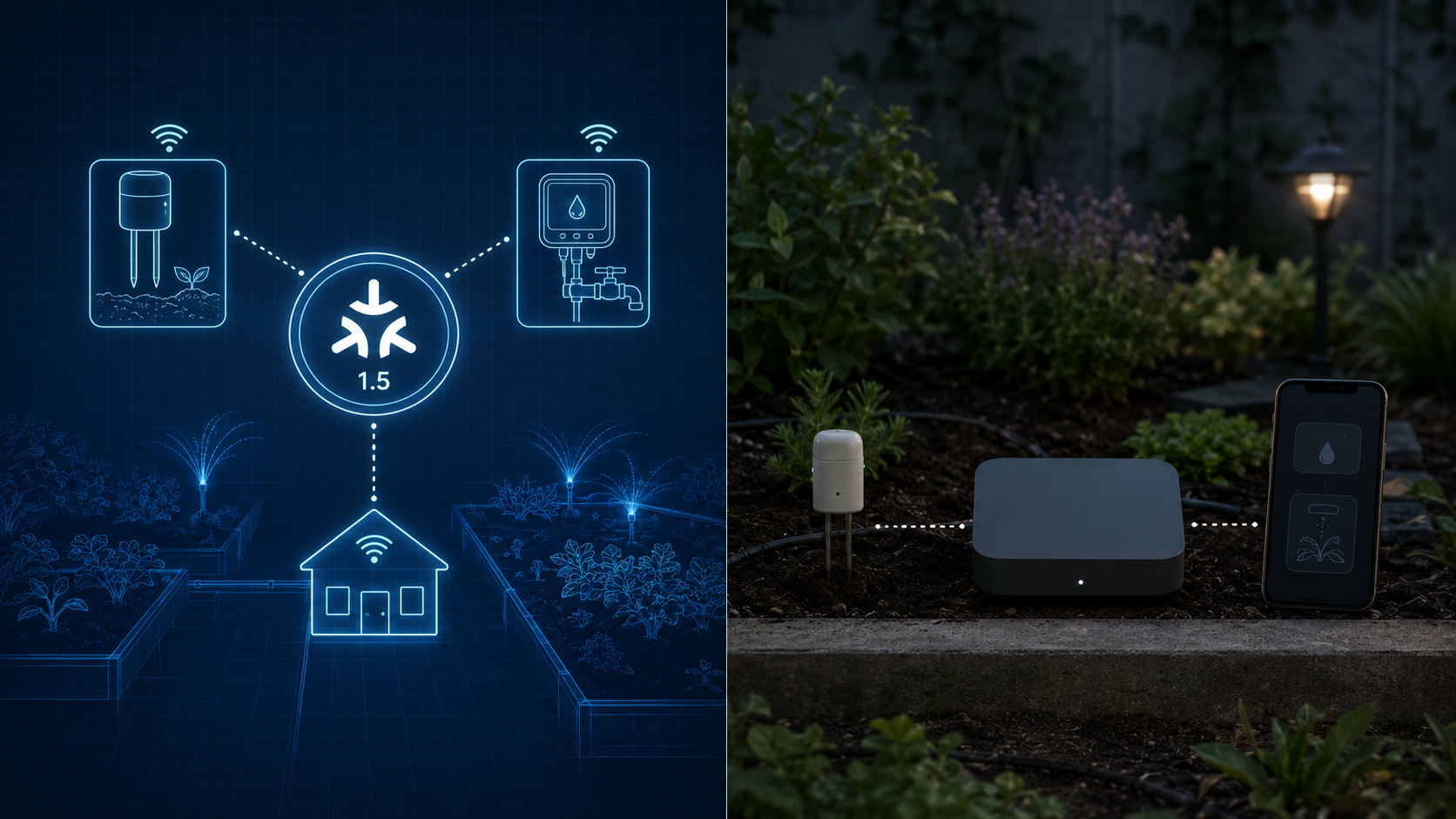 Split comparison of an ideal Matter 1.5 smart garden blueprint and a realistic bridged soil sensor setup