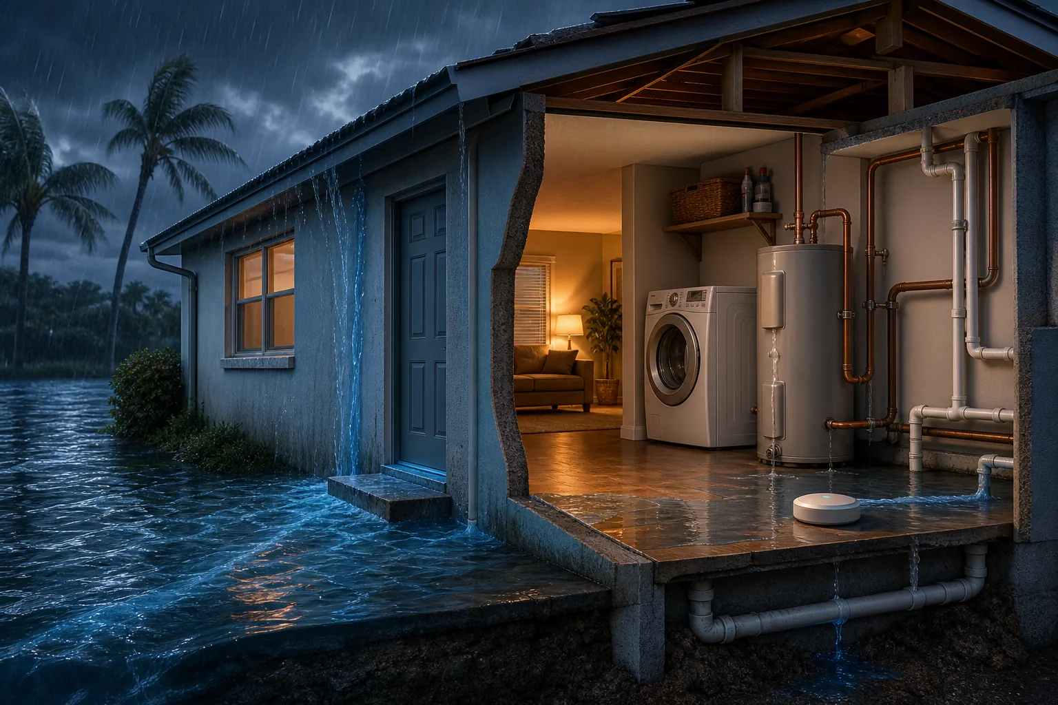 Cutaway illustration of a Florida home in heavy rain showing exterior water entering at a doorway and interior plumbing leak points near a water heater and washing machine
