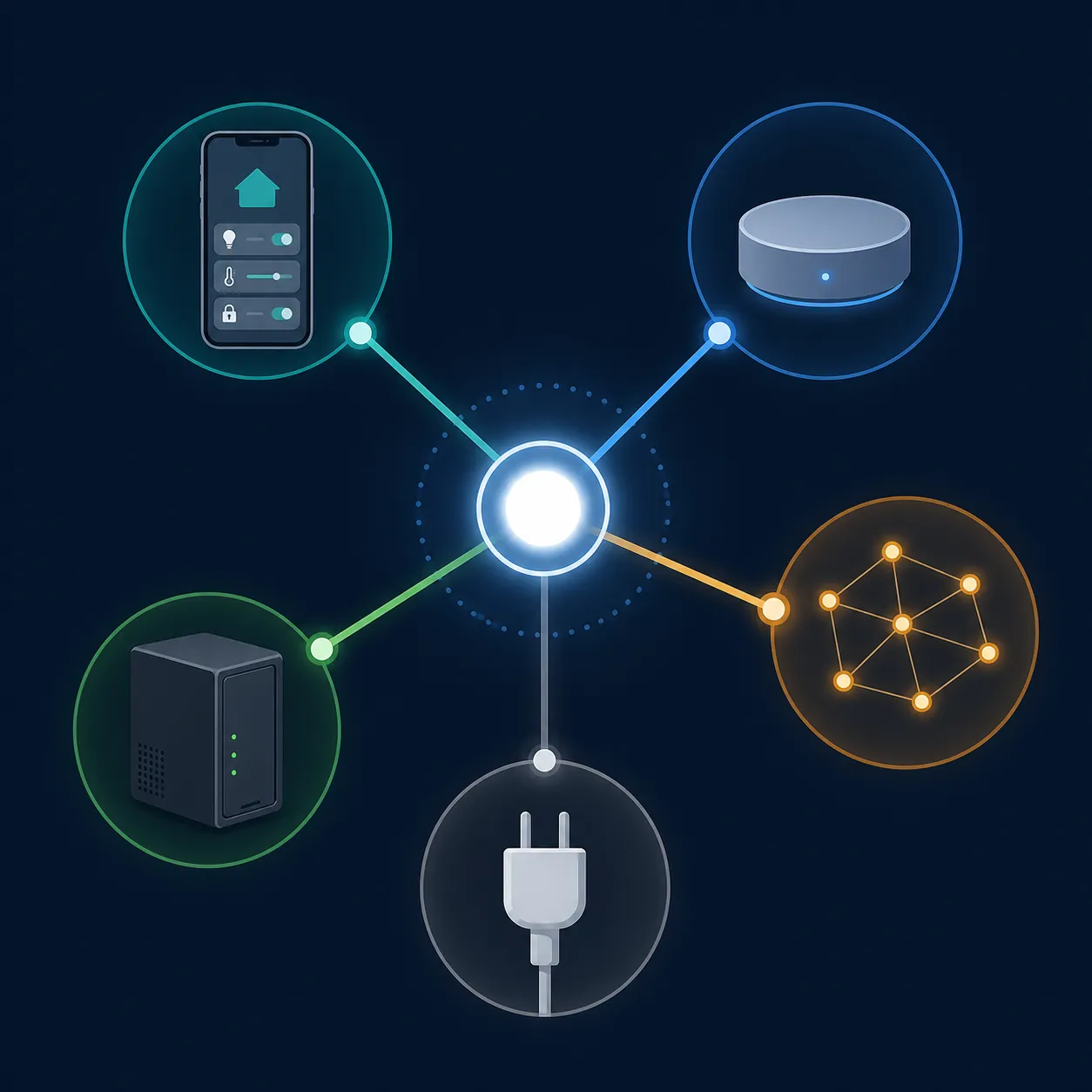 A diagram of different smart-home connection paths from a central hub to apps, networks, servers, and plugs