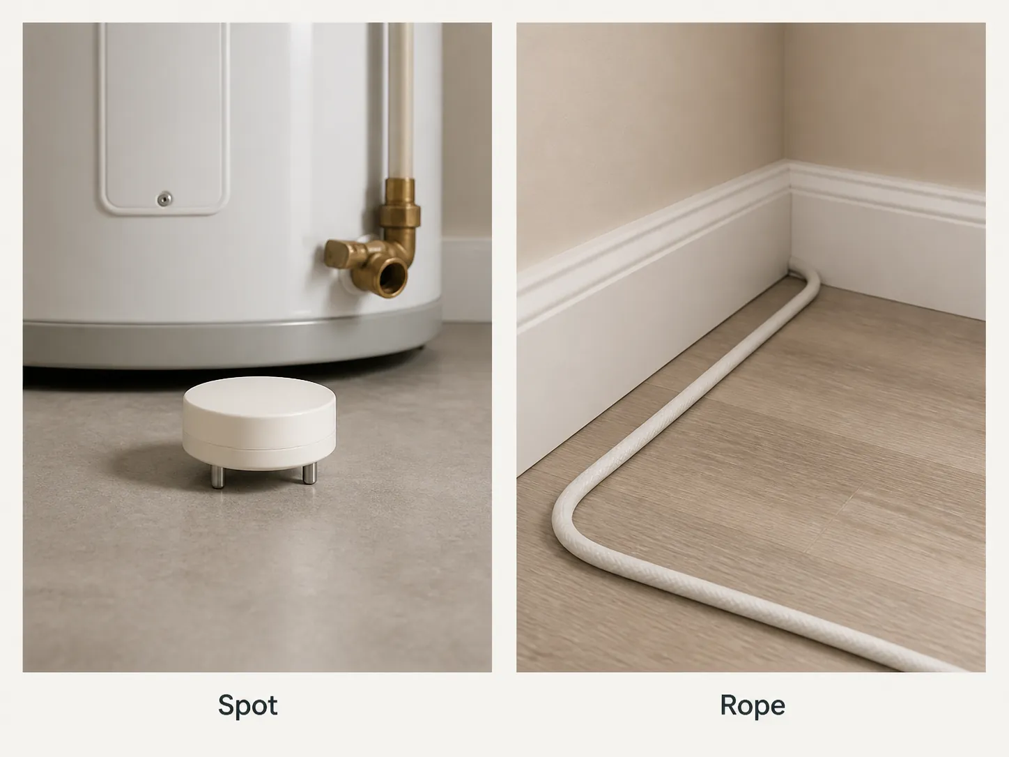 Comparison of a spot leak sensor near a water heater and a rope leak sensor along a baseboard