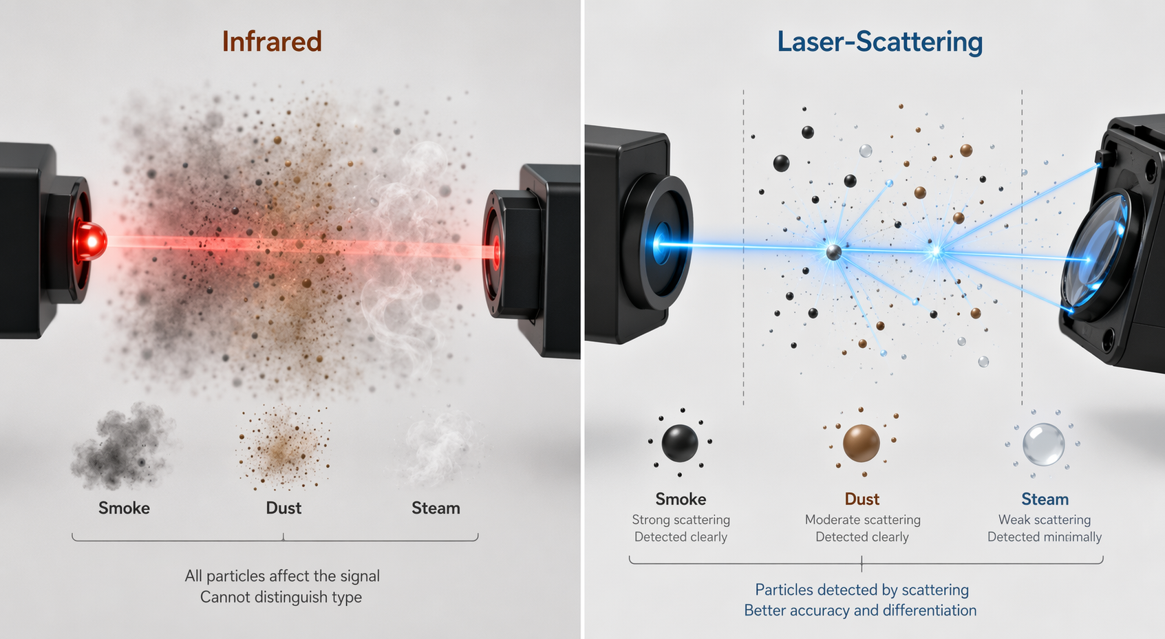 Illustration comparing infrared and laser-scattering particle detection for smoke, dust, and steam