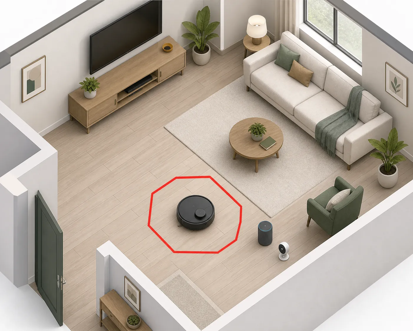 Living room with a regulatory boundary around only a robot vacuum while a smart speaker and camera sit outside it