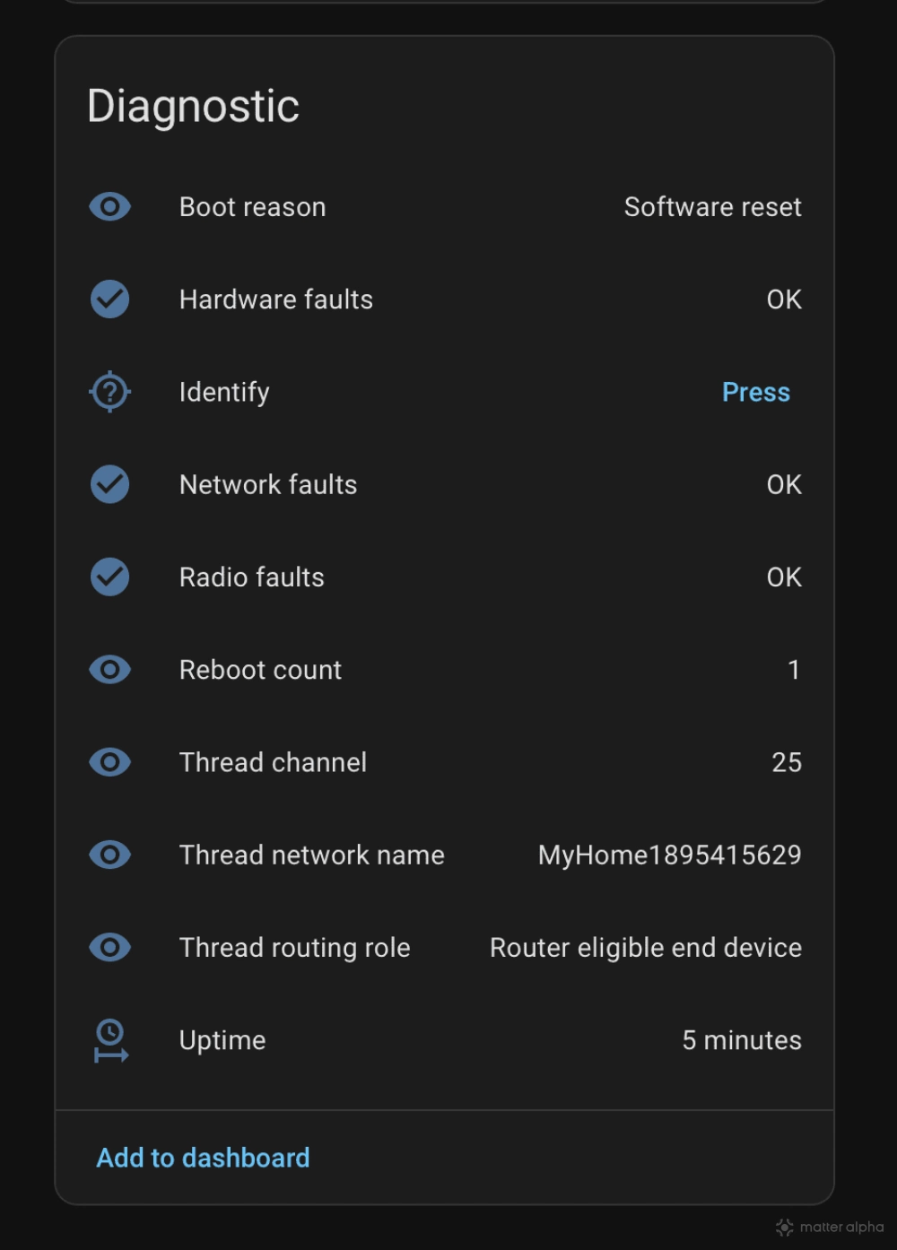 Home Assistant Matter diagnostic sensor cards showing reboot count uptime boot reason hardware faults radio faults and network faults