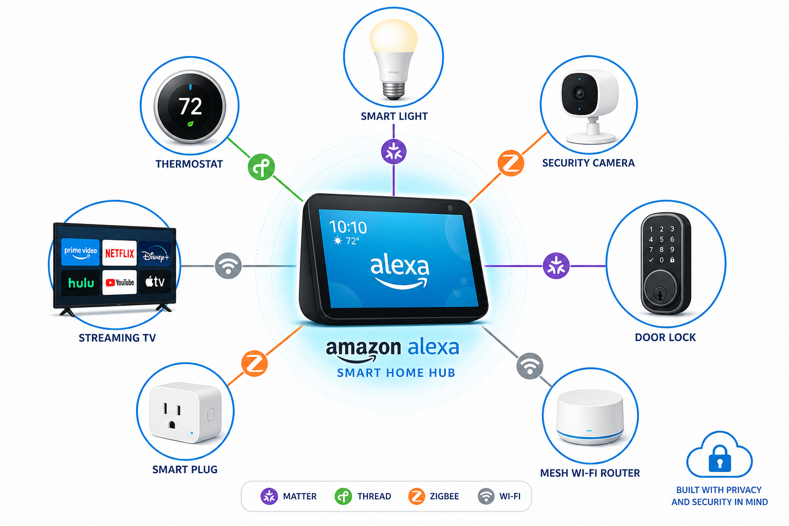 Flat-design illustration of an Amazon Alexa ecosystem hub with an Echo Show at center and color-coded connection lines to smart home device icons, annotated with Matter, Thread, Zigbee, and Wi-Fi protocol labels.